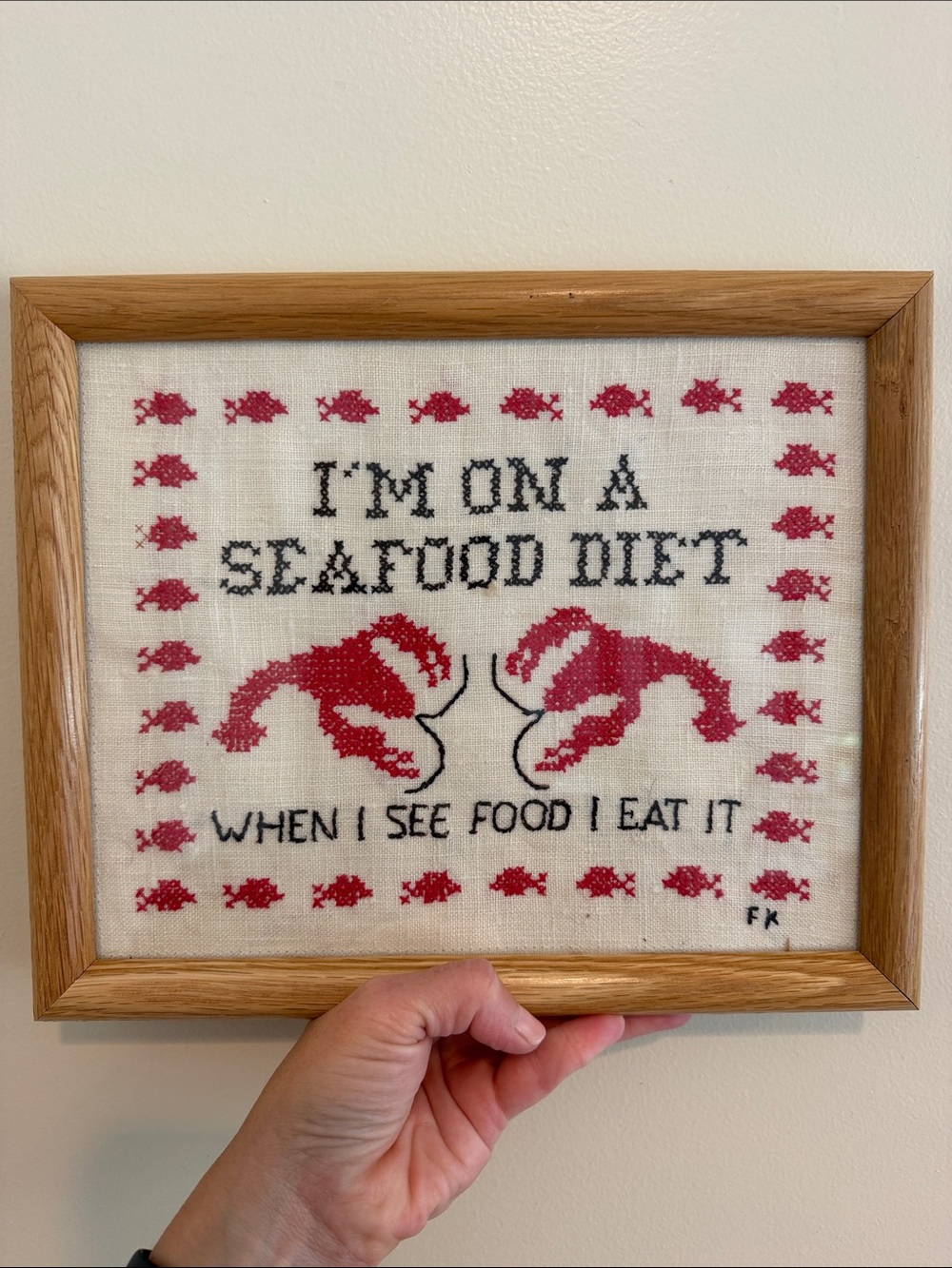 Vintage Framed Cross-Stitch 'I'm On A Seafood Diet'